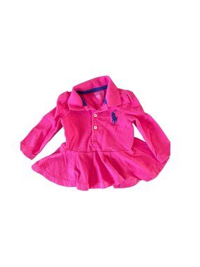 Ralph Lauren Baby Girl Pink Piqué Peplum Long-Sleeve Polo Dress SZ 9M Preppy Des